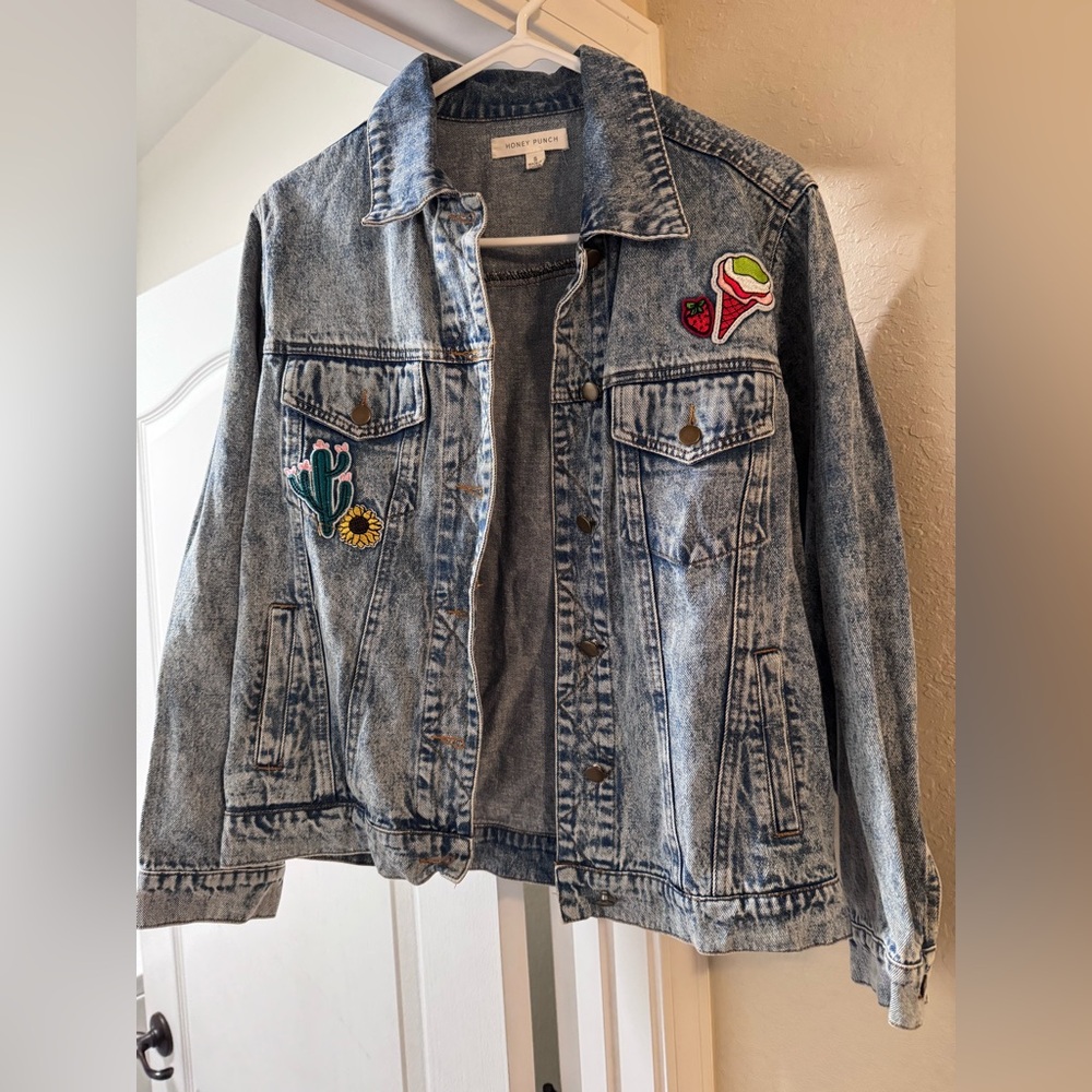Honey Punch Blue Jean Jacket with Colorful Patches